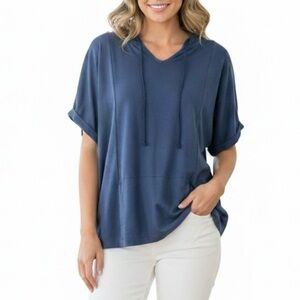 Fresh Produce Sweatshirt Blue Hooded Short Sleeve Terry Cloth Dolman Sleeve M